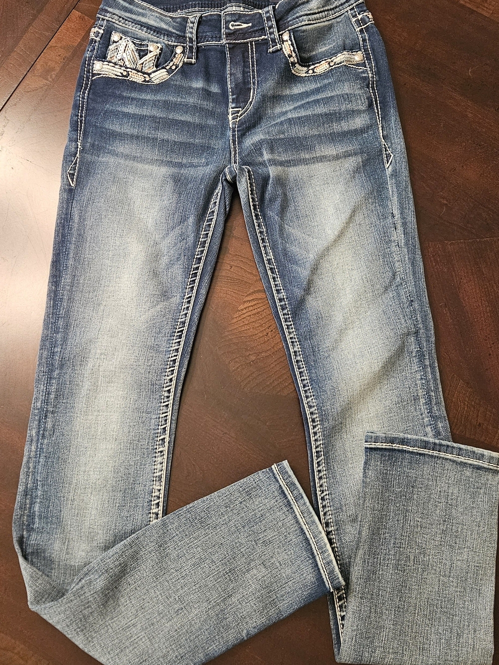 Grace in LA Medium Blue Straight Leg Jeans with Faded Wash